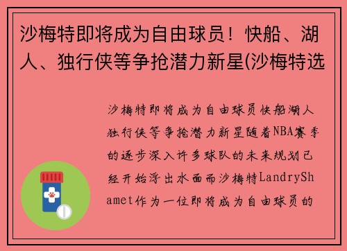 沙梅特即将成为自由球员！快船、湖人、独行侠等争抢潜力新星(沙梅特选秀)